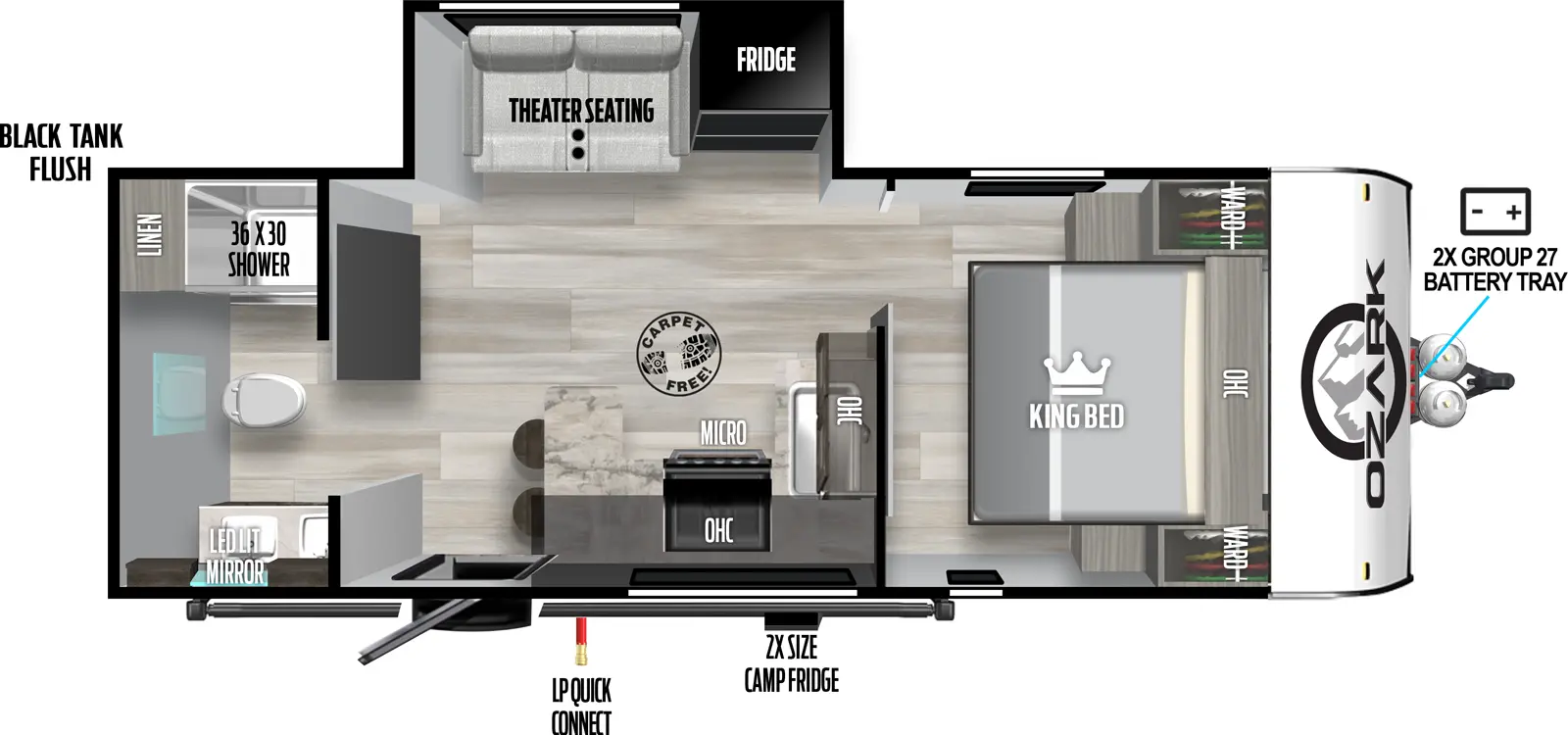 The Ozark 2430RBK floorplan has one entry and one slide out. Exterior features include: fiberglass exterior and 18' awning. Interiors features include: front bedroom and rear bathroom.